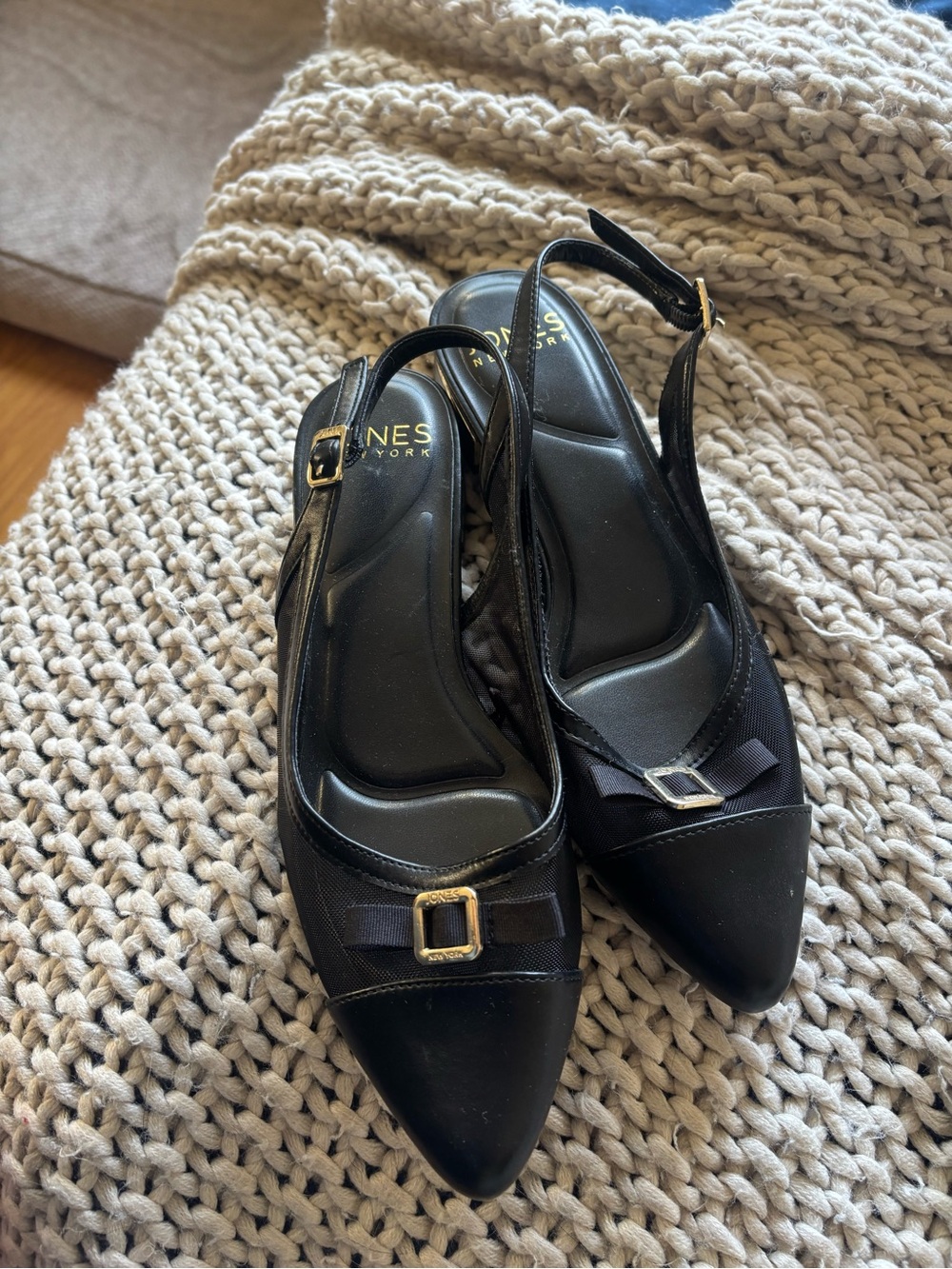 Jones New York Black Pointed Slingback Mules with Gold Buckle